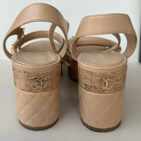 Chanel Beige Leather Chain Detail Ankle Strap Platform Sandals - Picture 5 of 6